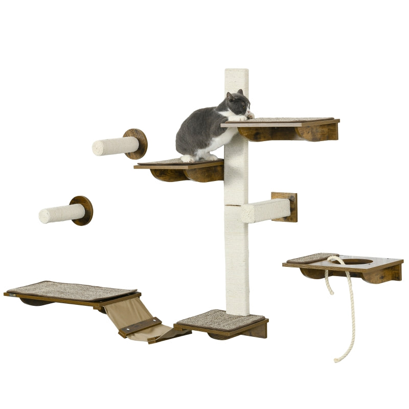 Wall Mounted Cat Tree with Scratching Posts & Perches - Brown