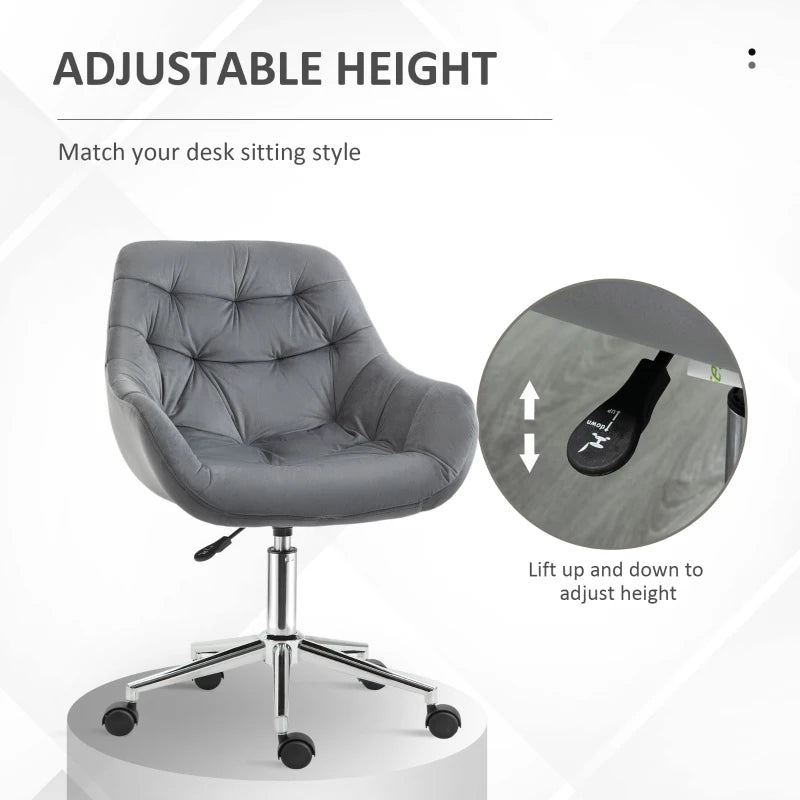 Dark Grey Velvet Swivel Desk Chair with Adjustable Ergonomic Support