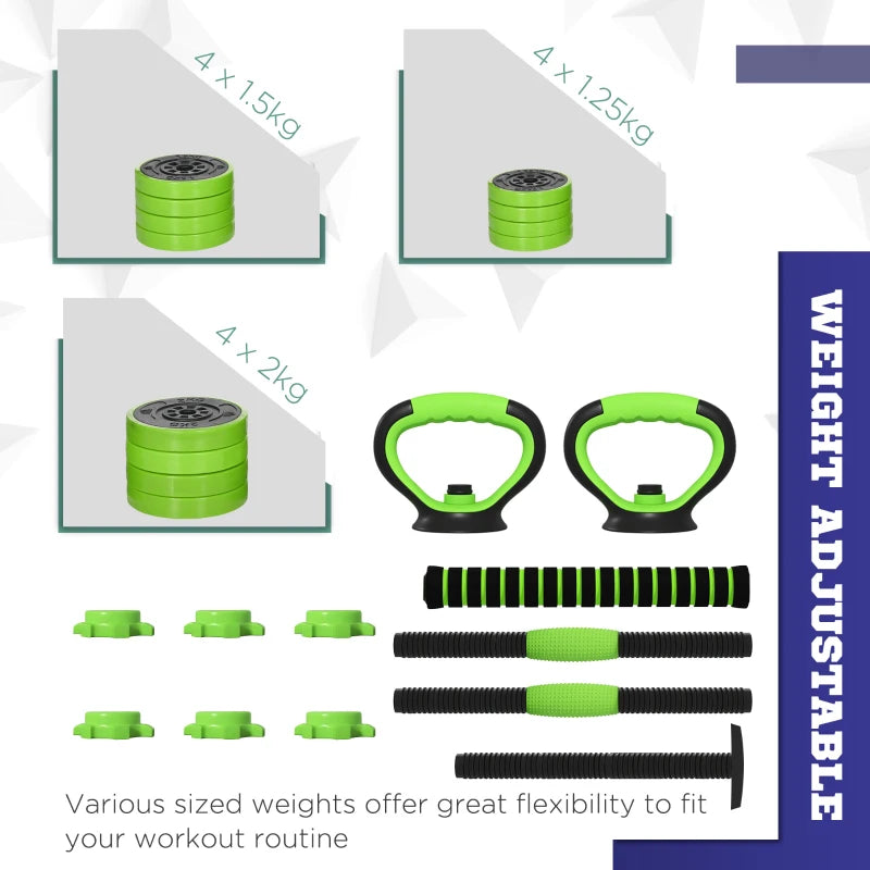 20kg Green Adjustable Weight Dumbbells Set with Barbell, Kettlebell & Push Up Stand