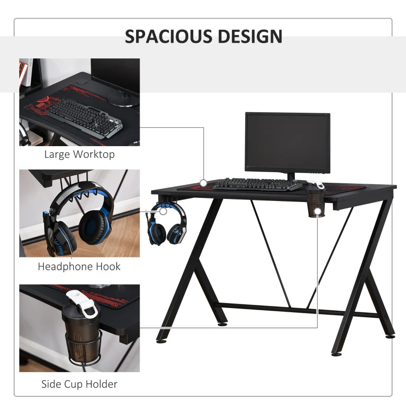 Black Gaming Desk with Cup Holder and Headphone Hook