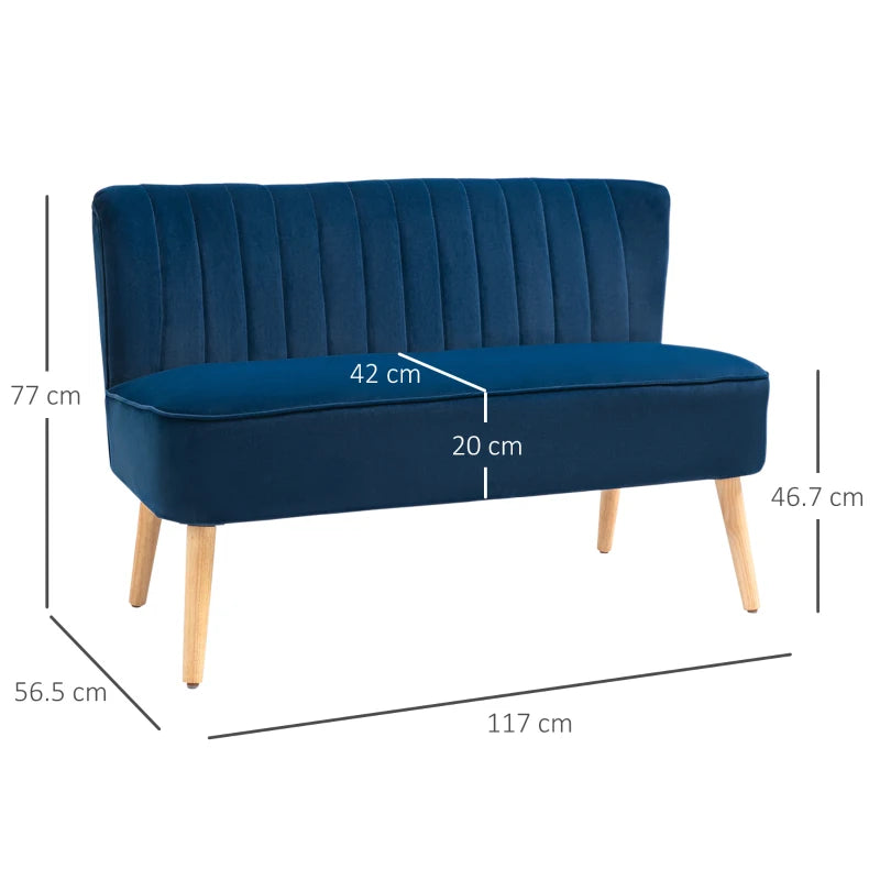 Blue Velvet Double Seat Sofa with High Back and Wood Frame