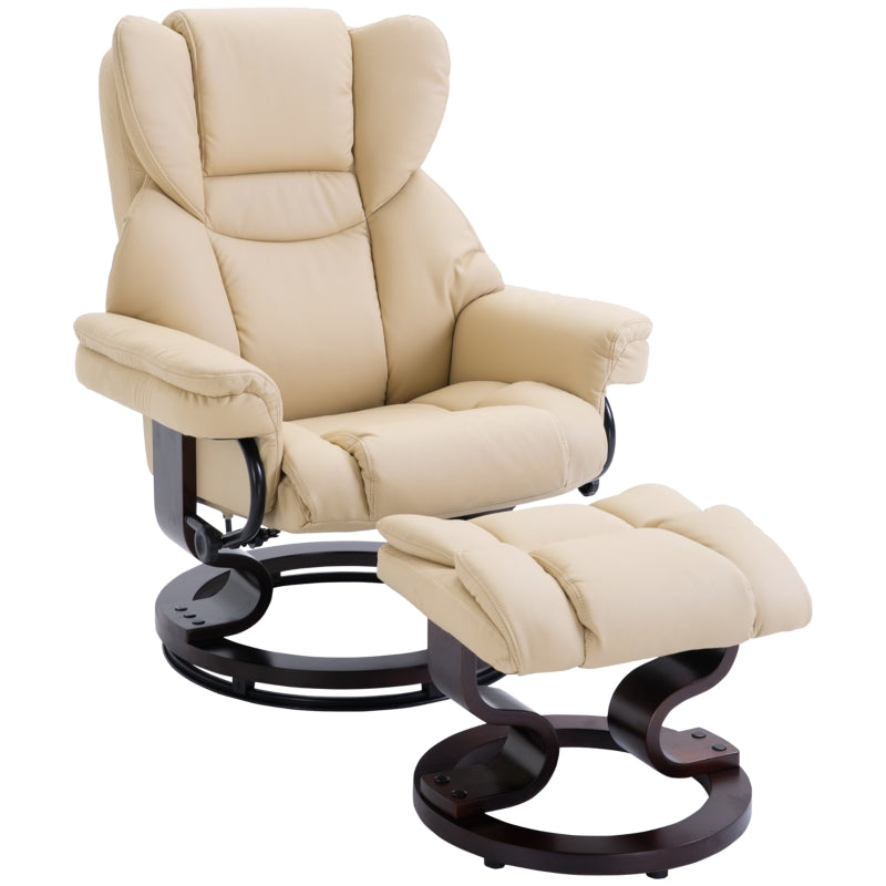Cream Faux Leather Swivel Recliner Chair with Adjustable Backrest & Footstool