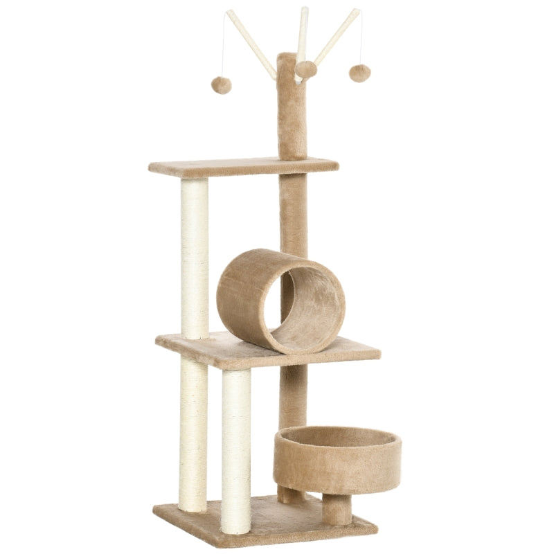 Brown Cat Tree Tower with Scratching Post & Toys - 121cm