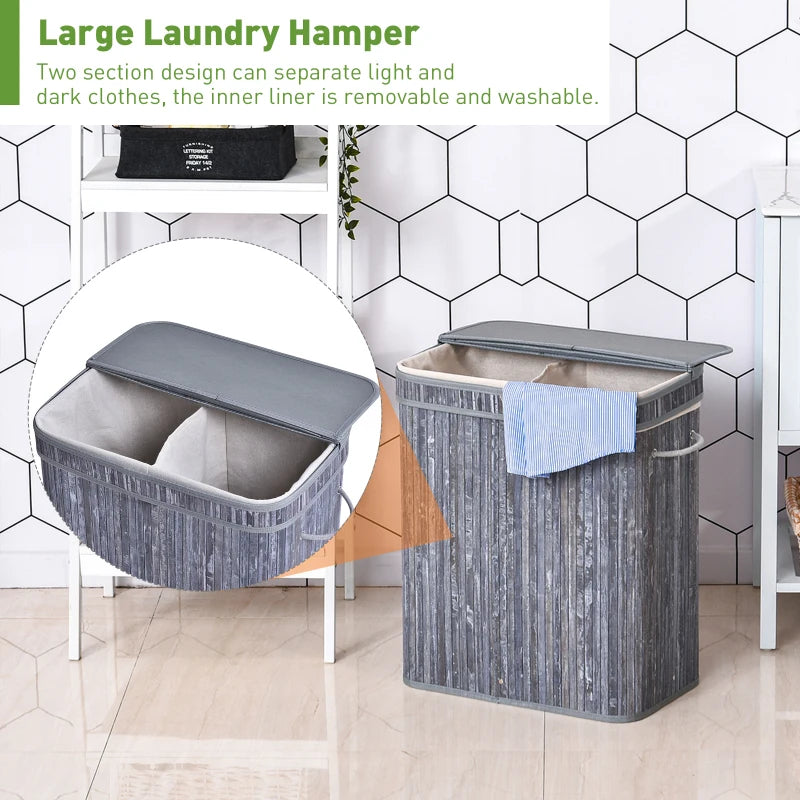 Grey Wooden Laundry Basket with Split Compartment and Lid