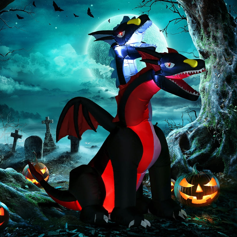 7FT Tall Dual-Headed Black Halloween Inflatable Dragon with LED Lights