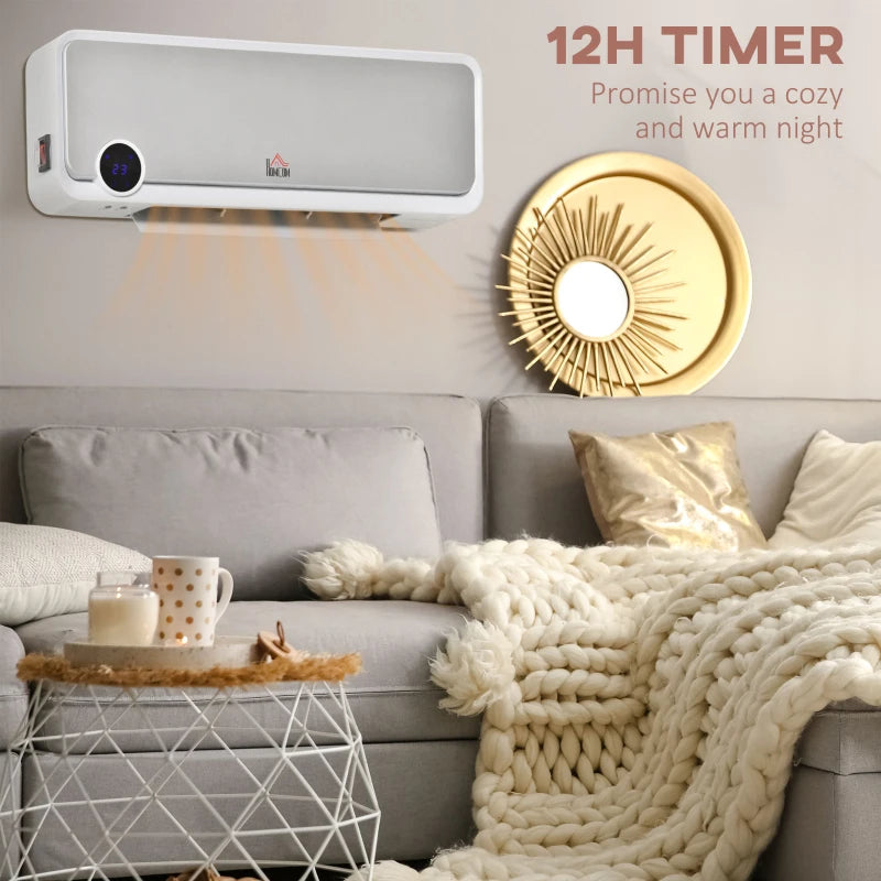 Wall-Mounted Electric Heater with Timer and Remote Control, 1000W/2000W, White