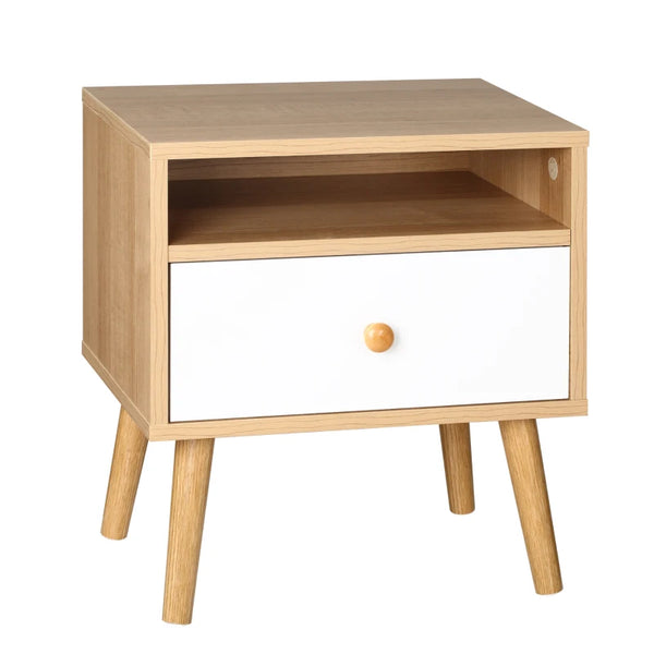 Natural Wood Bedside Table with Drawer and Shelf
