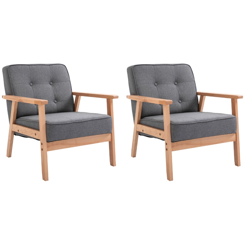 Grey Linen Accent Armchairs, Set of 2 - Beech Wood Frame, Living Room, Bedroom