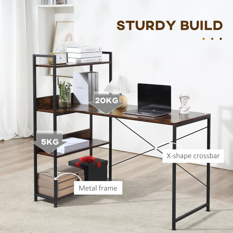 Brown 4-Tier Storage Computer Desk with Bookshelf, Metal Frame - 120 x 70 x 120cm