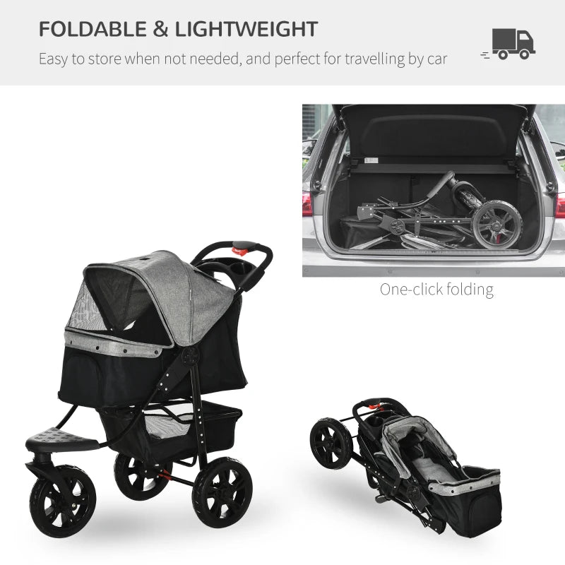 Grey Pet Stroller with Canopy & Storage for Small Pets