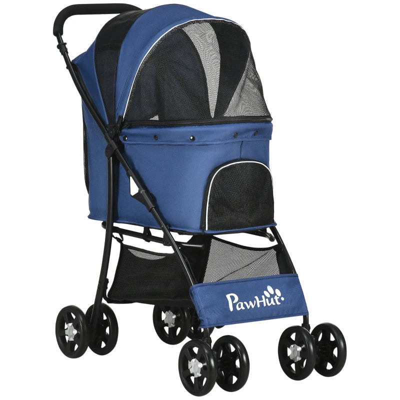 Dark Blue Pet Stroller with Large Carriage and Storage Bag