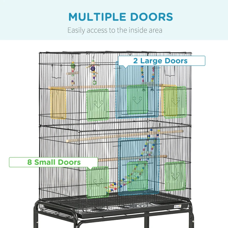 Black Steel Budgie Cage with Stand & Toys - 133cm High