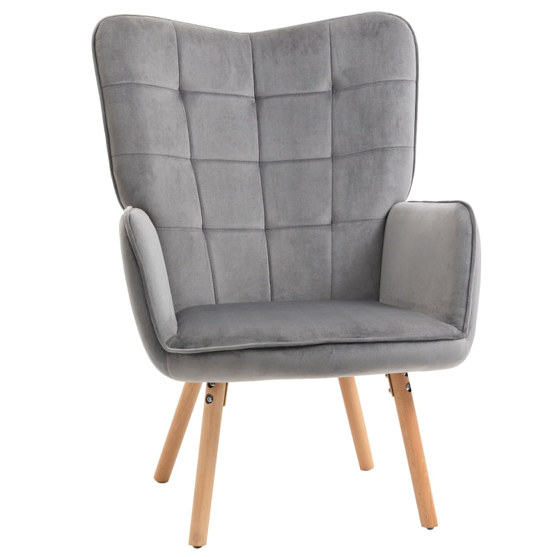 Grey Velvet Tufted Wingback Armchair with Wood Legs