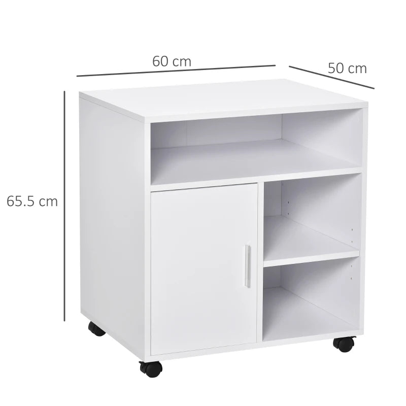 White Mobile Printer Stand with Storage and Wheels - Modern Office Desk Unit