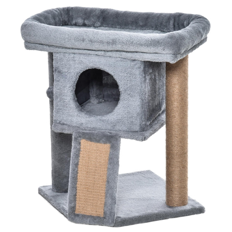 Grey Cat Tree Tower with Scratching Post and Toy Ball