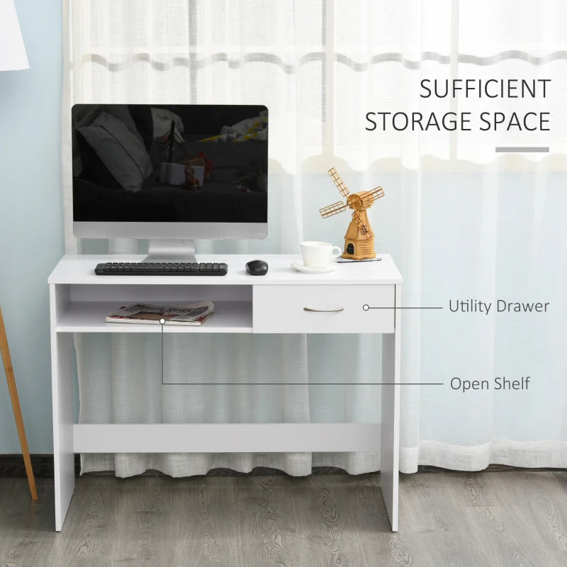 White Compact Study Desk with Drawer and Storage