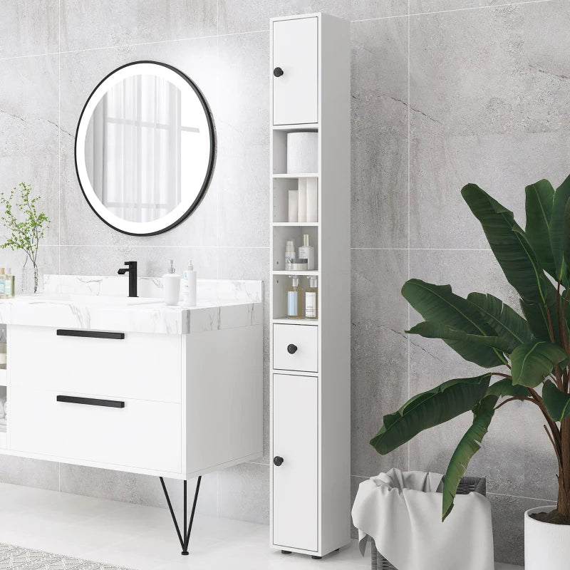 White 180cm Tall Slim Bathroom Storage Cabinet with Shelves