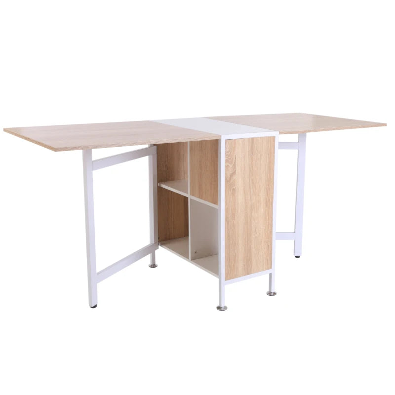 Foldable Drop Leaf Dining Table with Storage Shelves - Oak & White