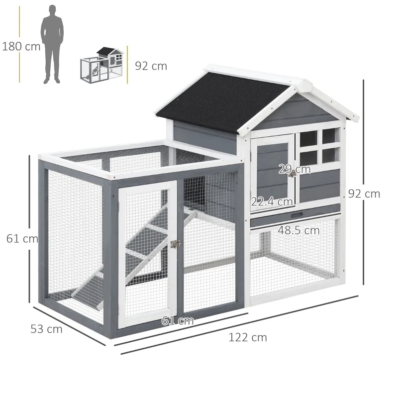 Grey 2-Tier Wooden Rabbit Hutch with Run and Sliding Tray, 122 x 62.6 x 92cm