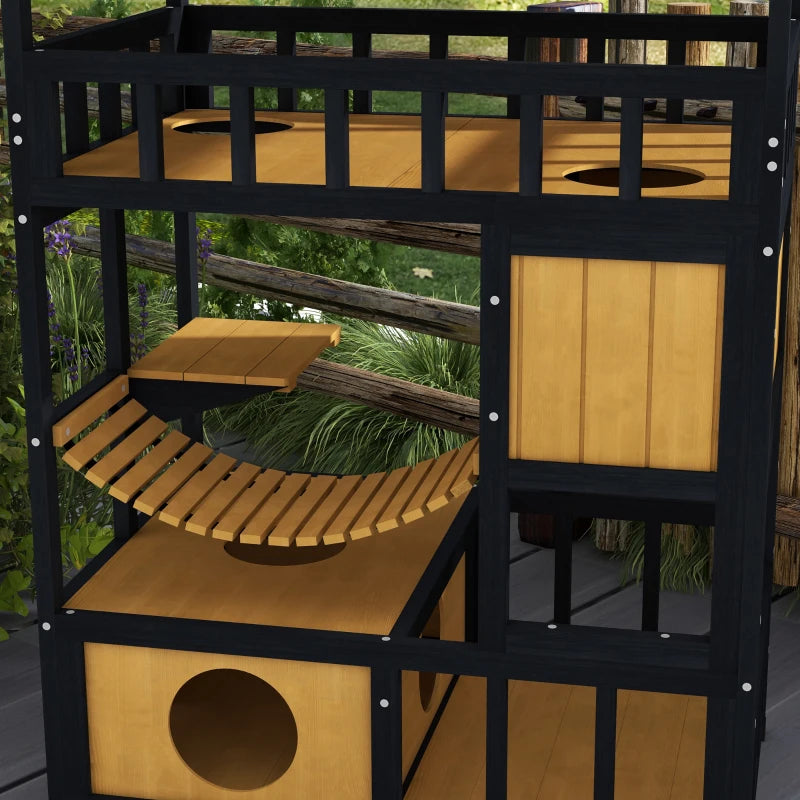 Wooden Cat House with Bridge & Balcony - 4-Tier Outdoor Design