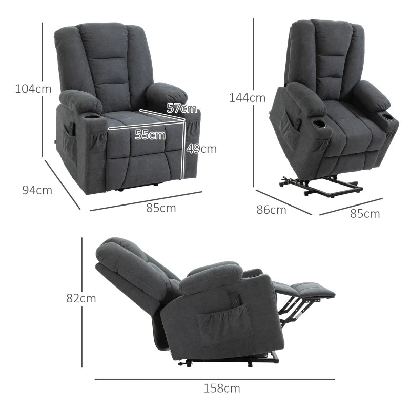 Charcoal Grey Elderly Lift Chair with Remote Control and Storage