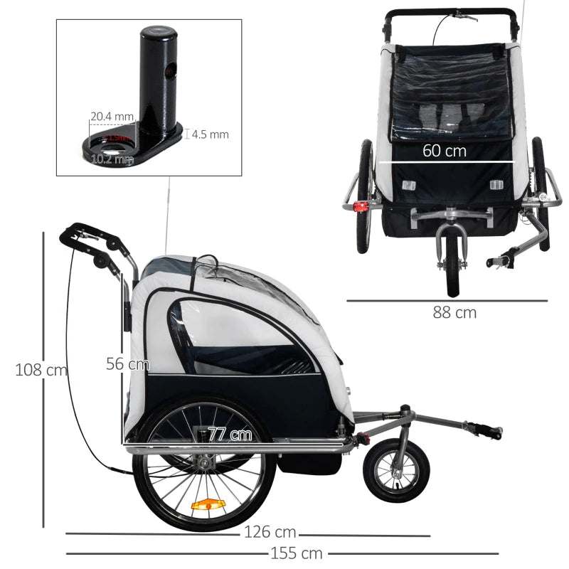 2-Seater Bike Trailer Baby Child Carrier Steel Frame Black White