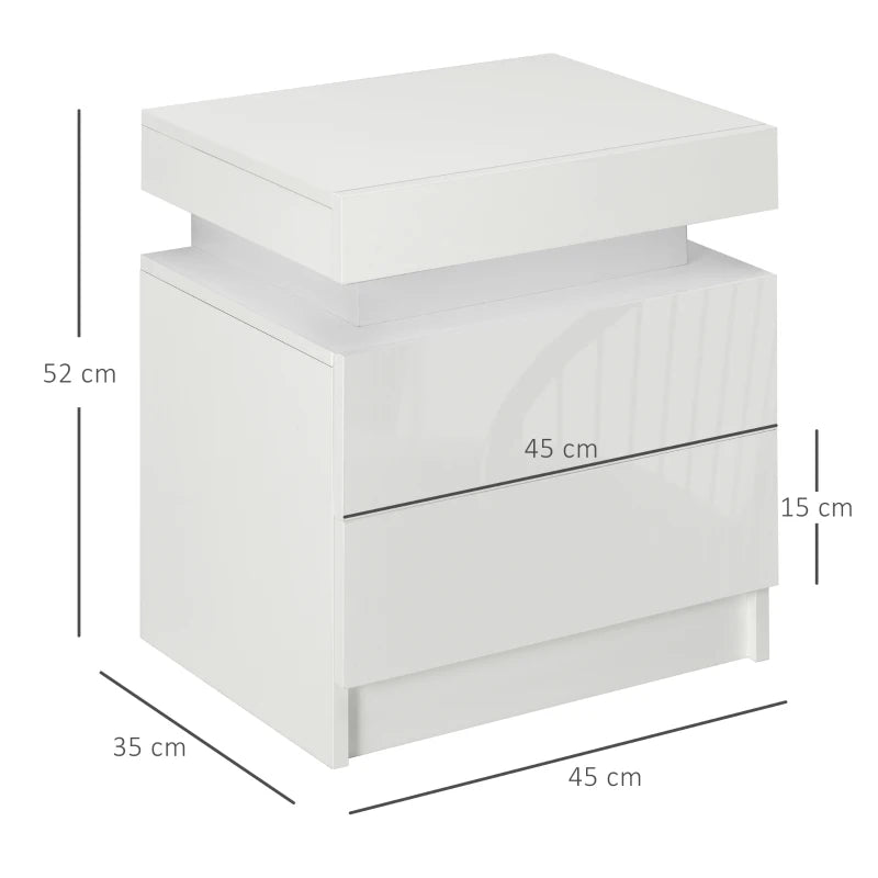 White High Gloss LED Bedside Table with 2 Drawers