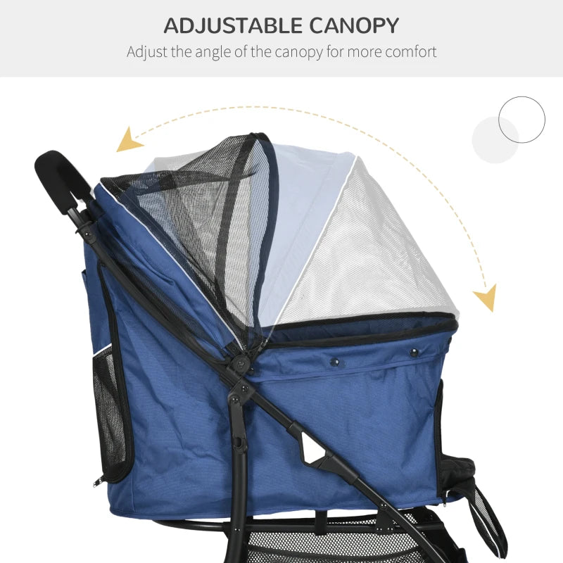 Dark Blue Pet Stroller with Large Carriage and Storage Bag