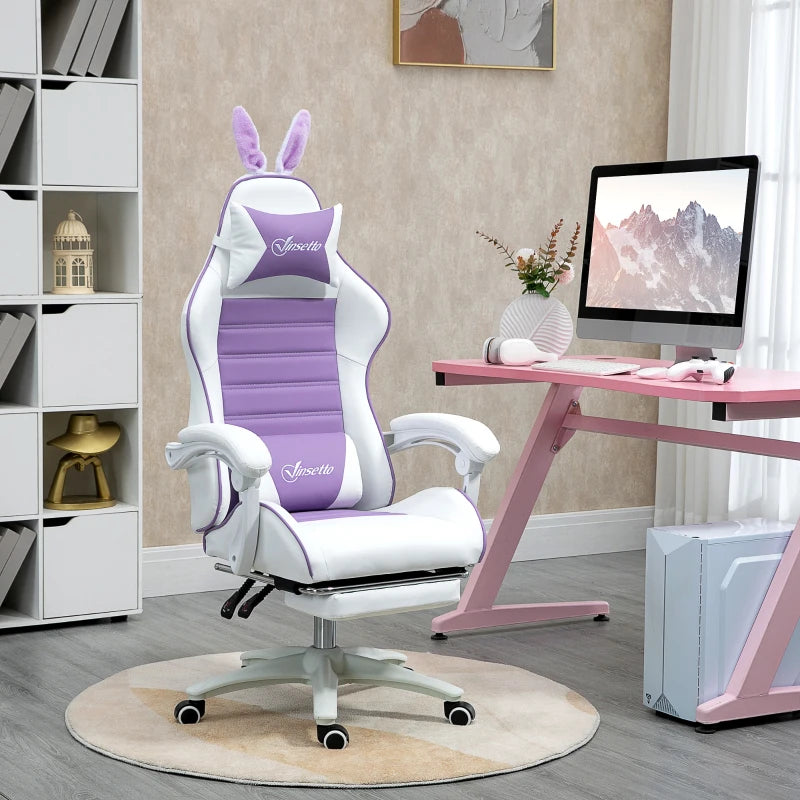 Purple Gaming Chair with Rabbit Ears, Footrest & Support