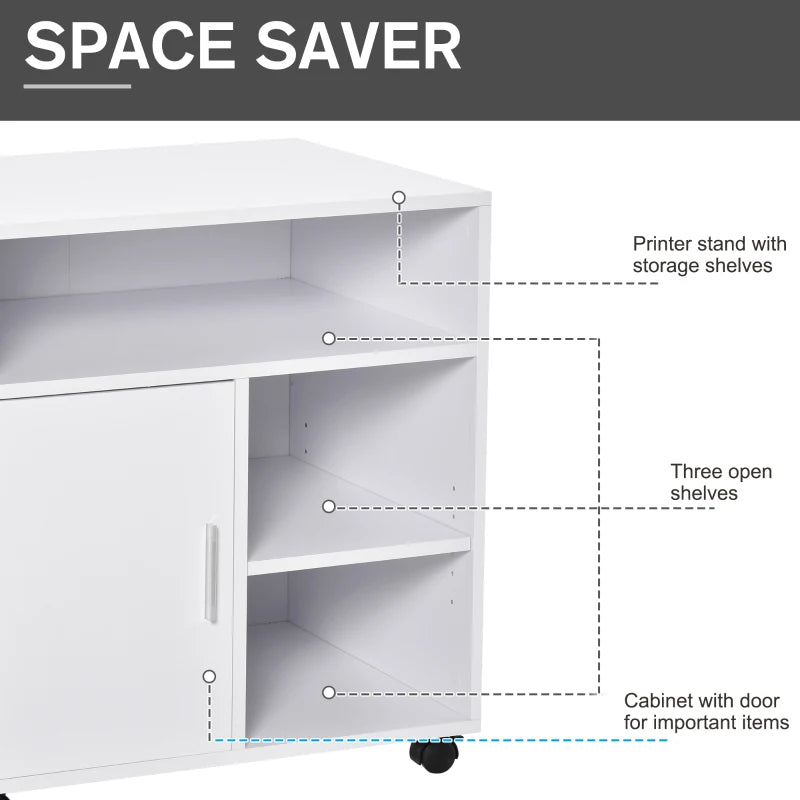 White Mobile Printer Stand with Storage and Wheels - Modern Office Desk Unit