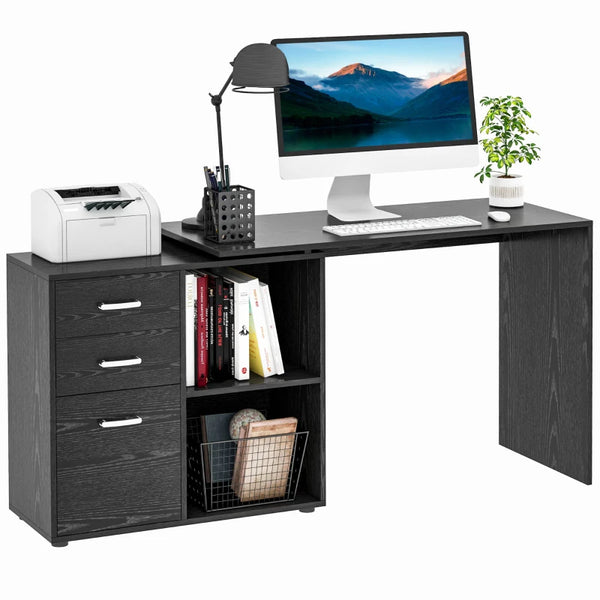 Black L-Shaped Corner Desk with Drawers and Storage Shelves