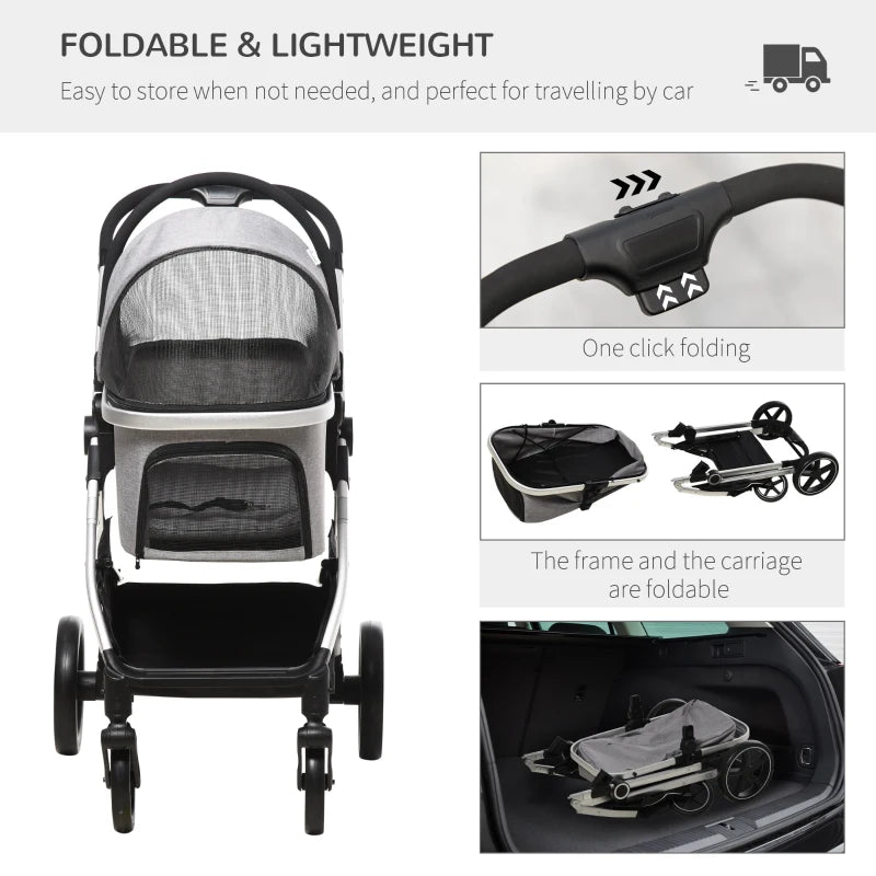 Foldable 3-in-1 Pet Stroller with Car Seat - Grey