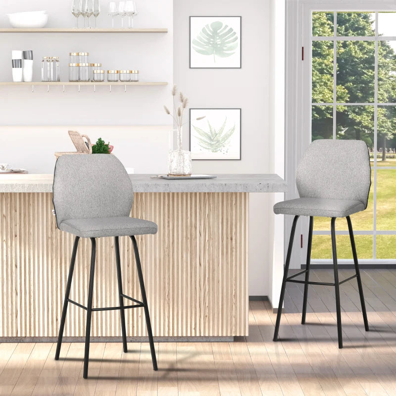 Light Grey Upholstered Bar Stools Set of 2 with Backs and Steel Legs