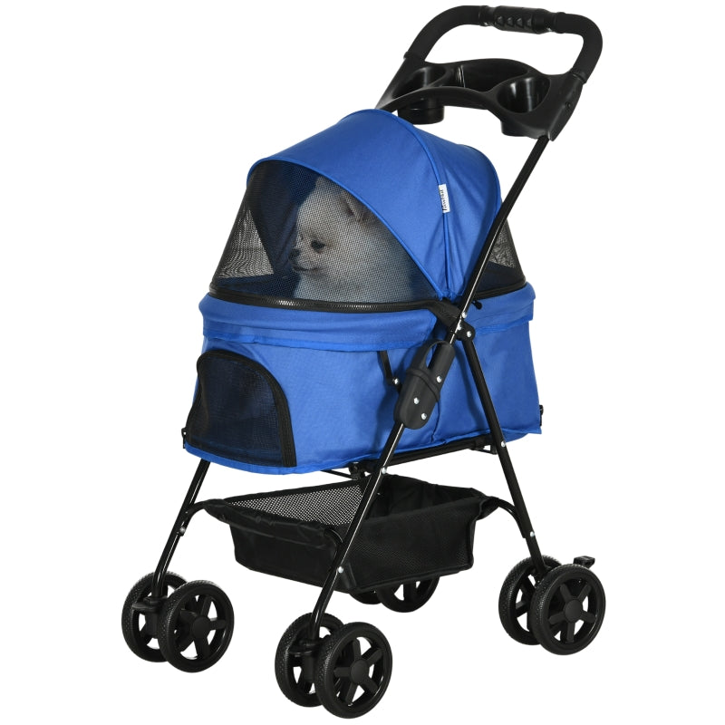 Blue Pet Stroller with Canopy and Storage - Foldable Dog Cat Pushchair