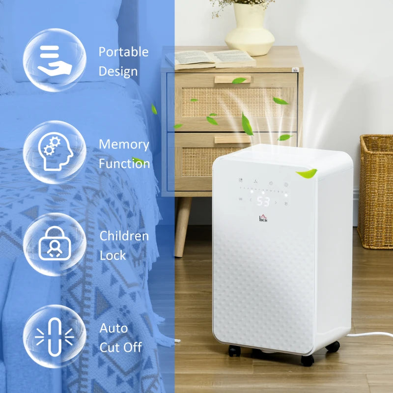 White Portable Dehumidifier with Air Purifier, 24H Timer, 5 Modes, 10L/Day