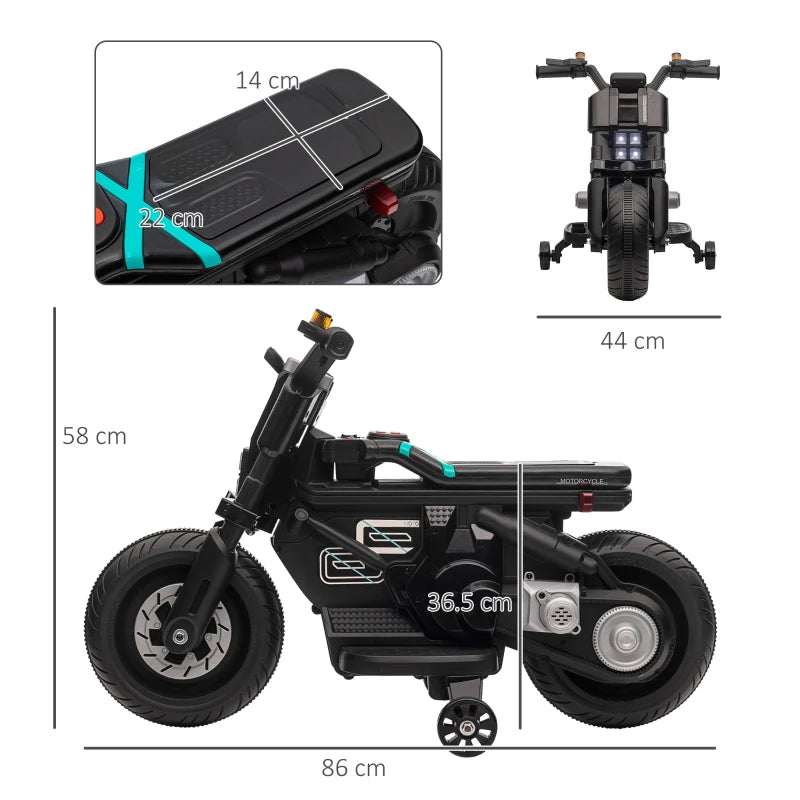 Black Kids Electric Motorbike with Siren, Horn, Headlights, Music & Training Wheels - Ages 3-5