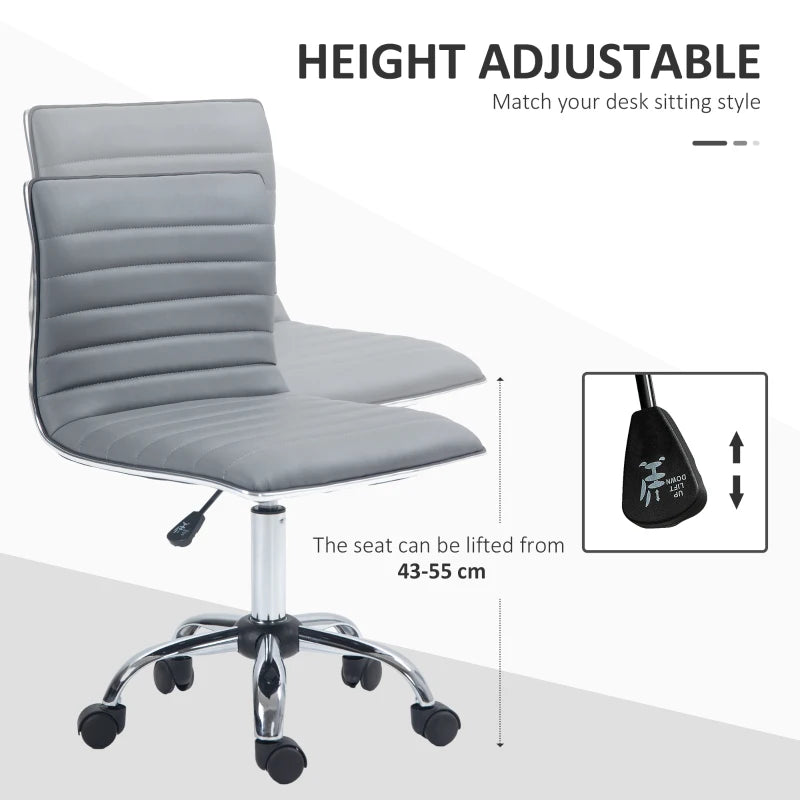 Light Grey Swivel Office Chair - Armless Mid-Back PU Leather, Chrome Base