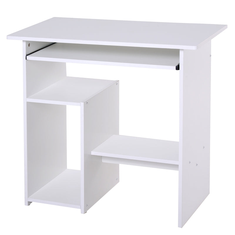 White Compact Corner Computer Desk with Keyboard Tray and Storage Shelf