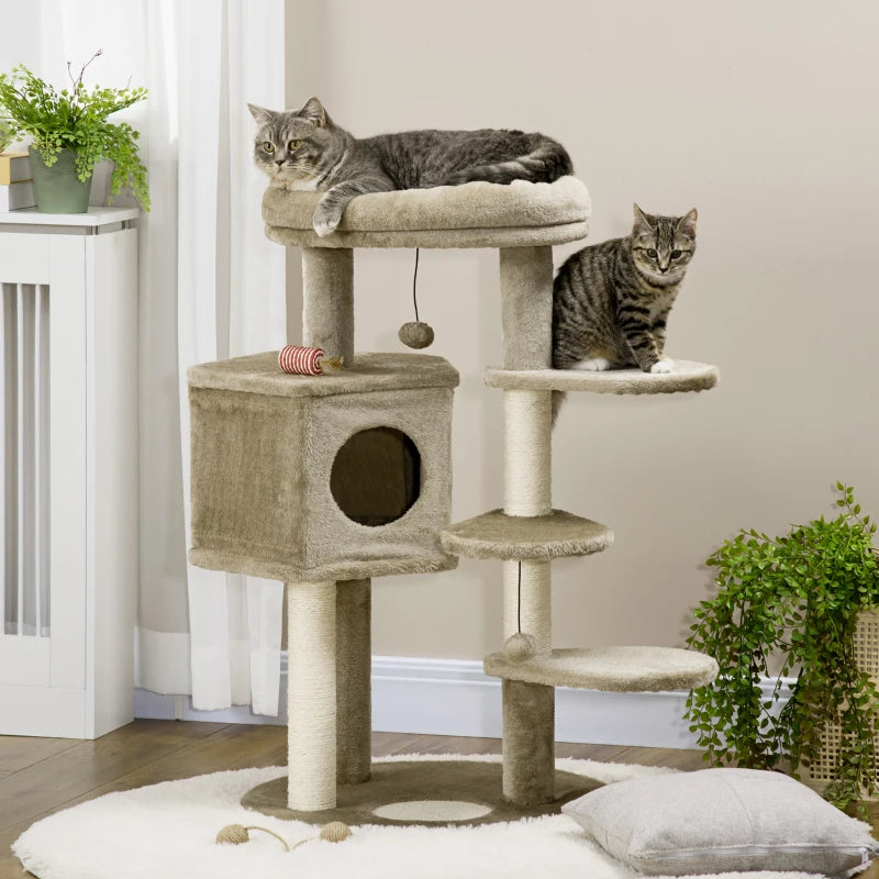 Brown Cat Tree with Multiple Levels, House, Bed & Toy Ball