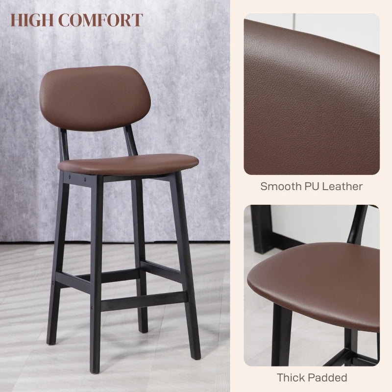 Brown Faux Leather Breakfast Bar Stools Set of 2 with Backs and Solid Wood Legs