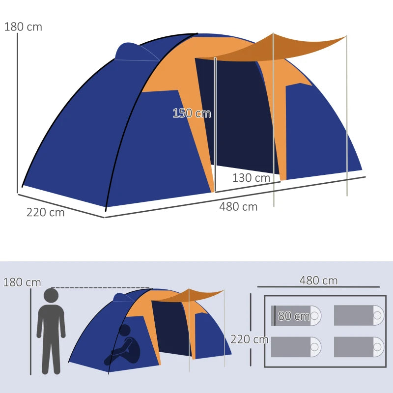 6-Person Waterproof Tunnel Camping Tent with 2 Bedrooms and Porch, Blue