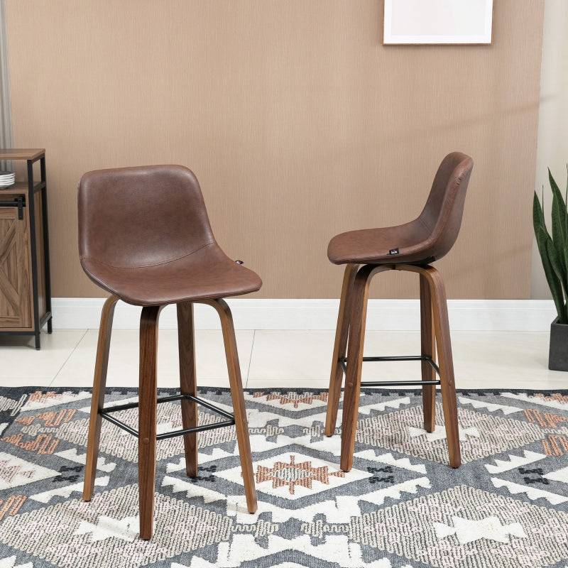 Brown PU Leather Bar Stools Set of 2 with Backs and Wood Legs