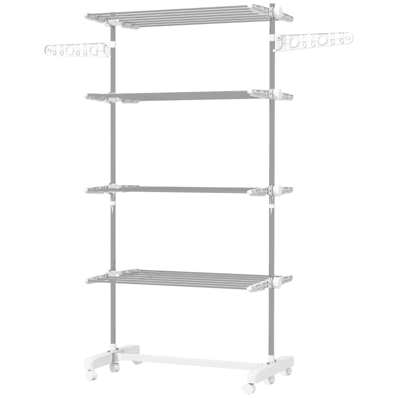 White 4-Shelf Folding Clothes Drying Rack with Side Arms and Wheels