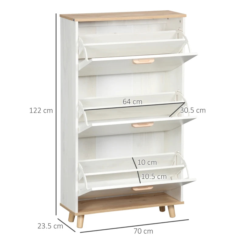 Cream White Slim Shoe Storage Cabinet with 3 Flip Drawers - 12 Pair Shoe Organizer