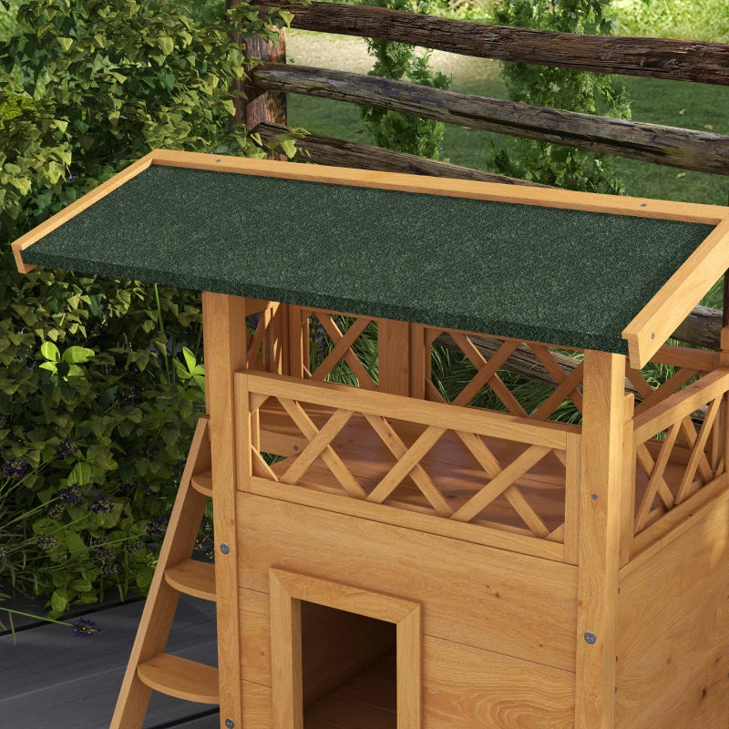 Outdoor Cat House with Balcony and Stairs, Natural Wood Finish, 77 x 50 x 73 cm