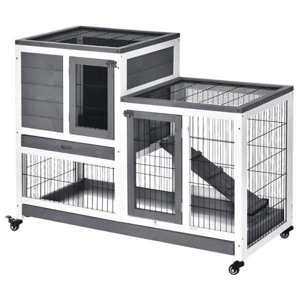 Grey Wooden Indoor Small Animal Hutch with Wheels and Enclosed Run