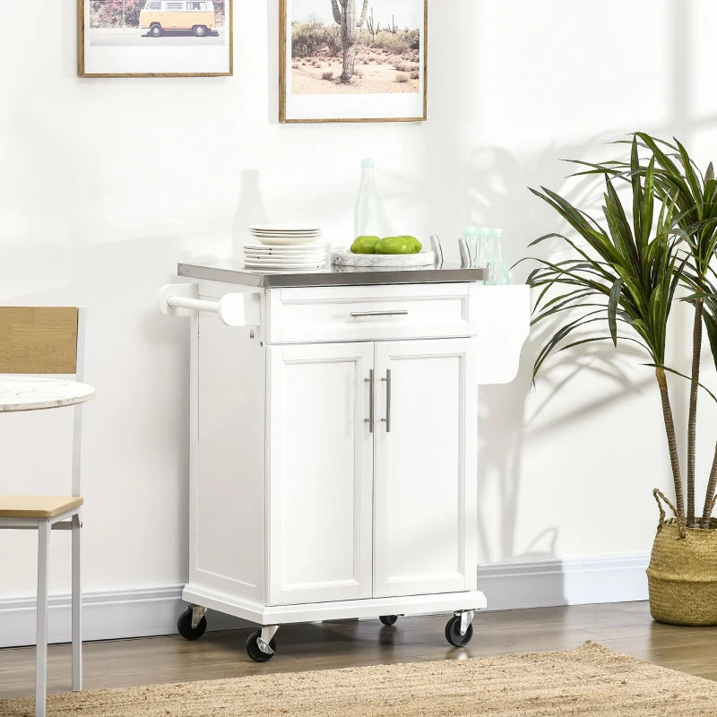 White Wooden Kitchen Island Cart with Stainless Steel Top and Storage