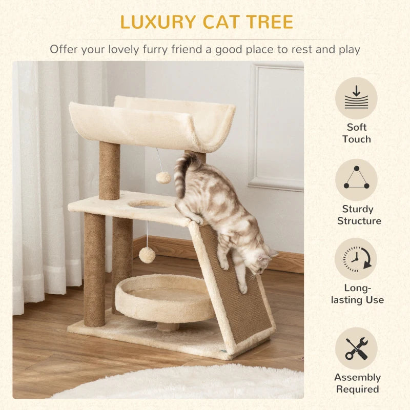 Cat Tree with Scratching Posts, Pad, Bed, Perch & Ball - Light Brown