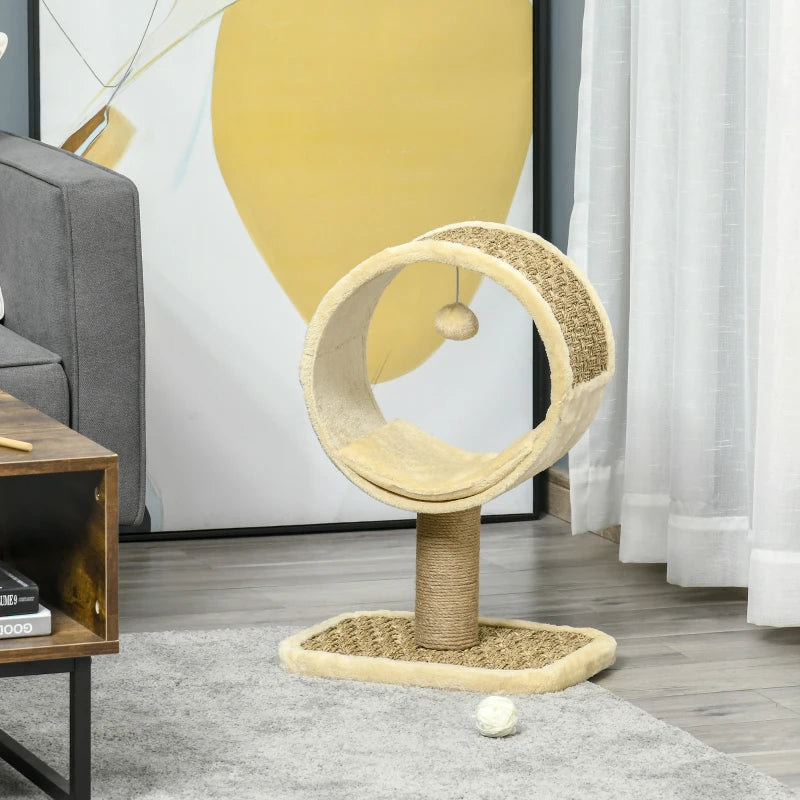 Beige Cat Tree with Scratching Post, Tunnel, Ball Toy - 56cm