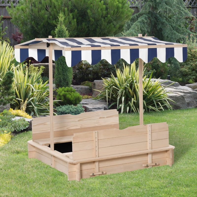 Blue & White Kids Wooden Sand Pit with Adjustable Canopy